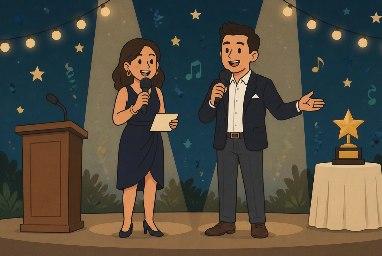 Illustration of a spotlit stage with a microphone and a golden star trophy