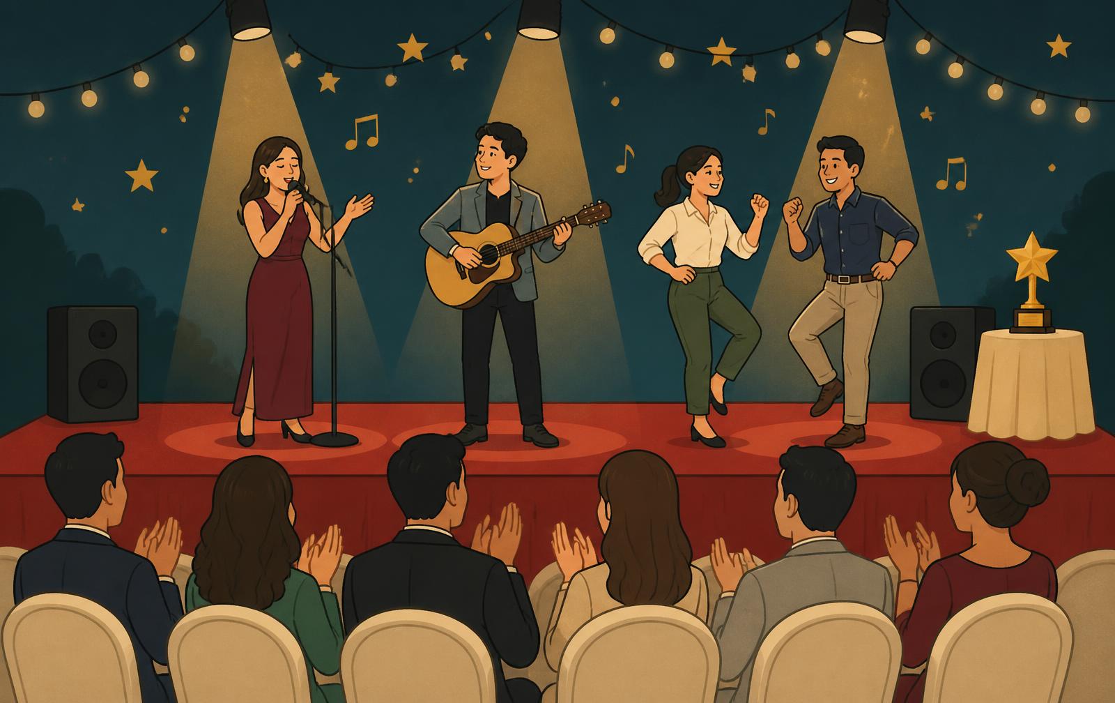 Illustration of a spotlit stage with a microphone, guitar, theatre masks and a golden star trophy