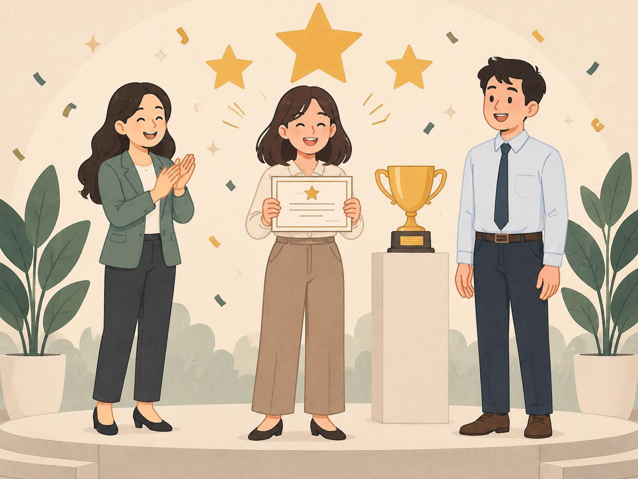 Colleagues celebrating on an awards stage with a trophy and certificate